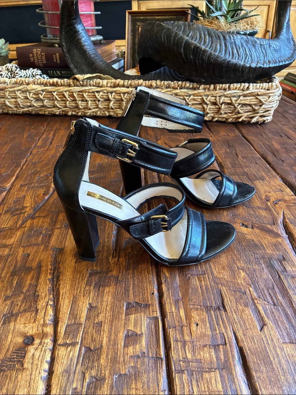 Louise et Cie Black Leather Double Strap Block Heel Sandals